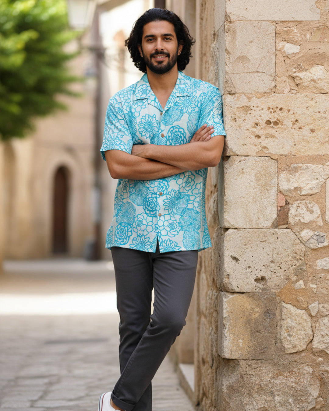 Sky Floral Print Half Sleeve Shirt