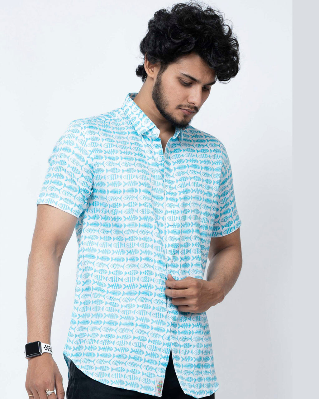 Fish Block Print Smart Cotton Shirt