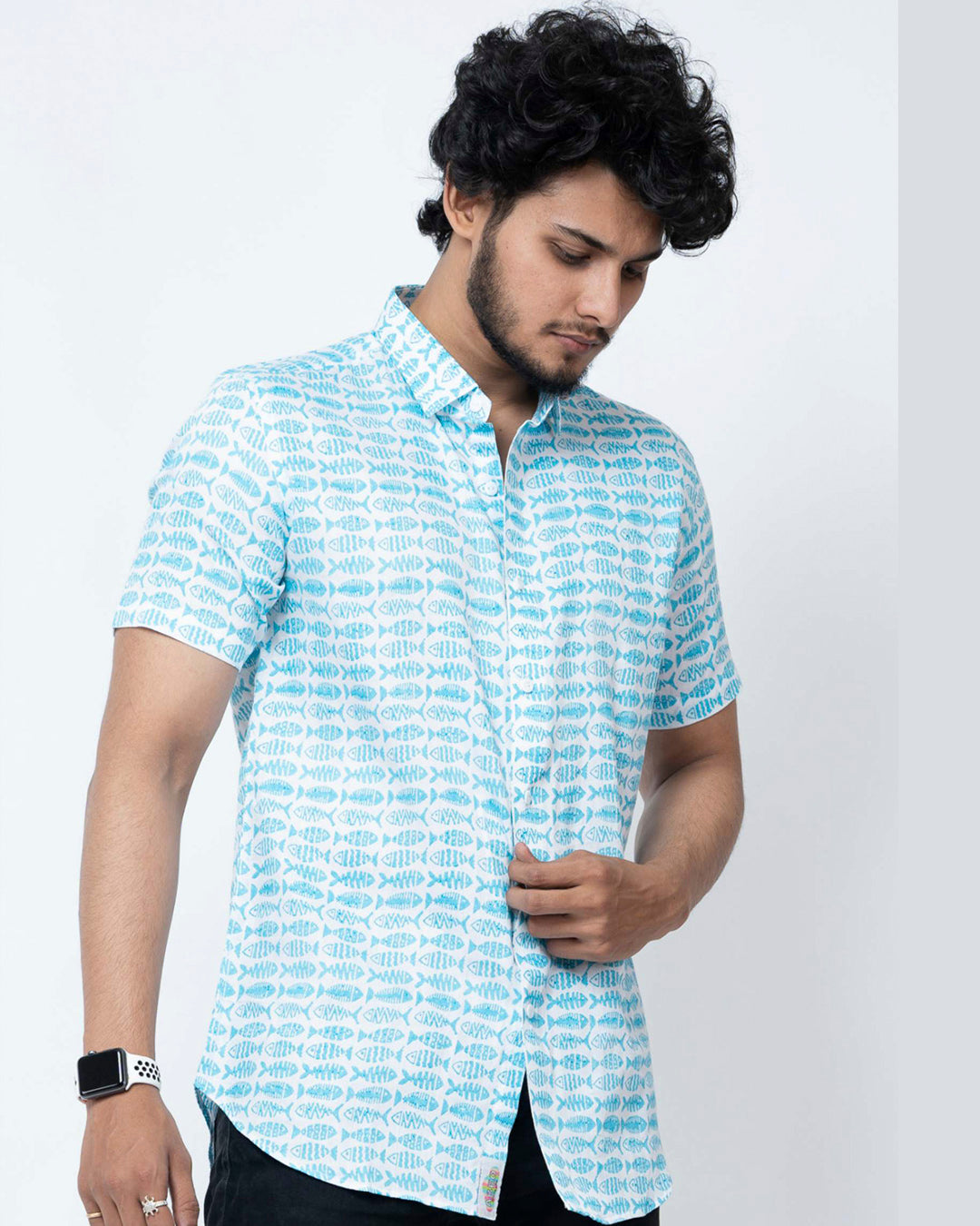 Fish Block Print Smart Cotton Shirt