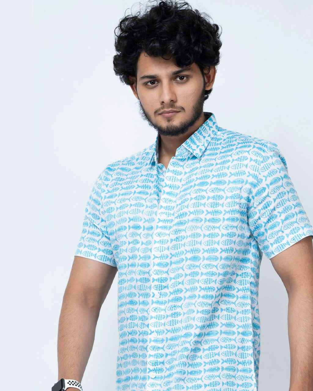 Fish Block Print Smart Cotton Shirt