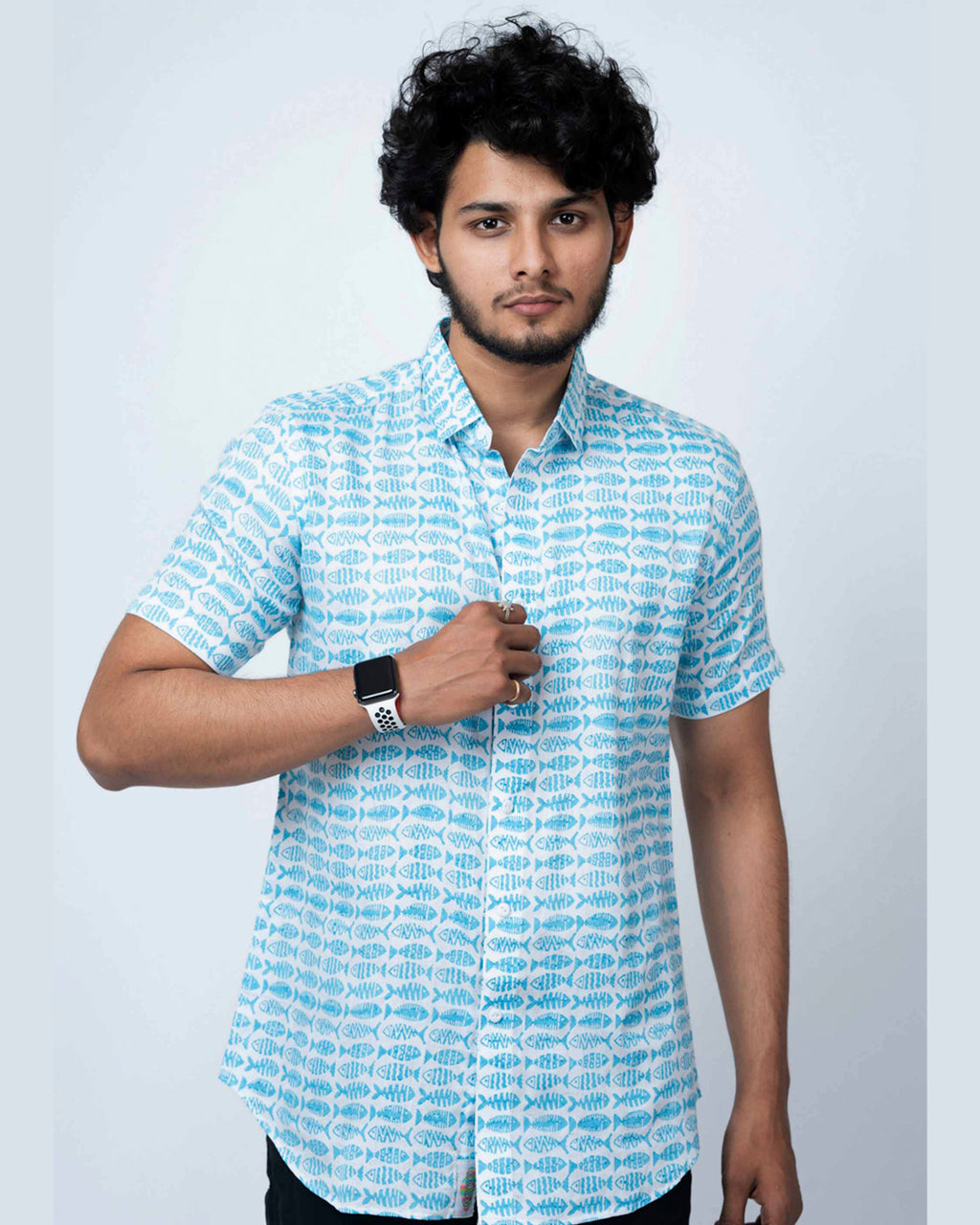 Fish Block Print Smart Cotton Shirt
