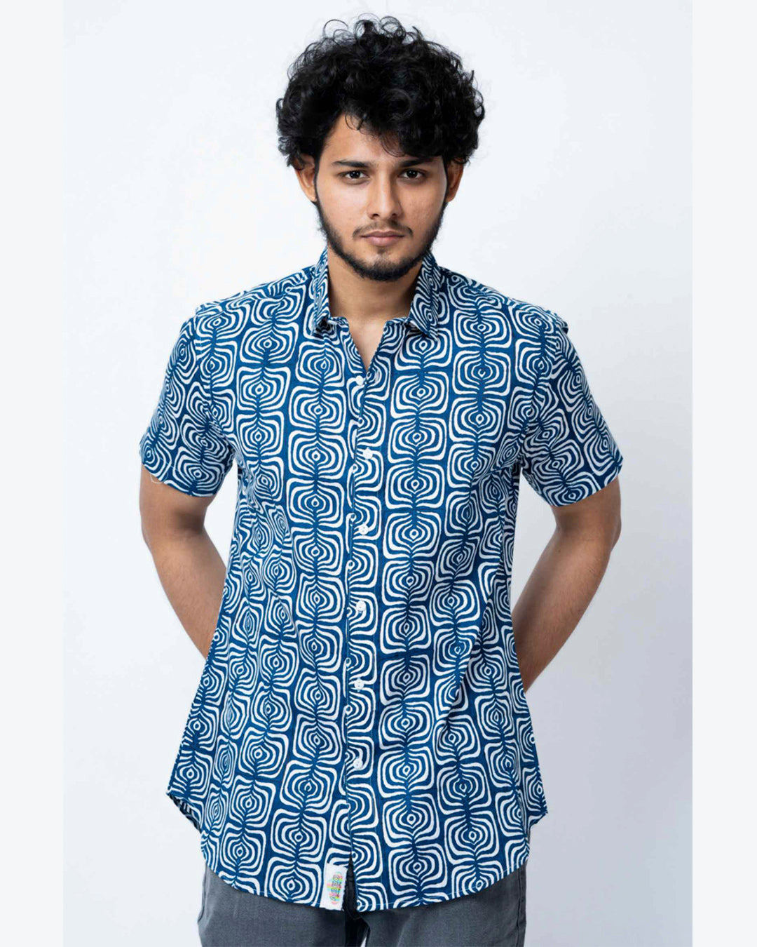 Indigo Print Smart  Casual Cotton  Shirt