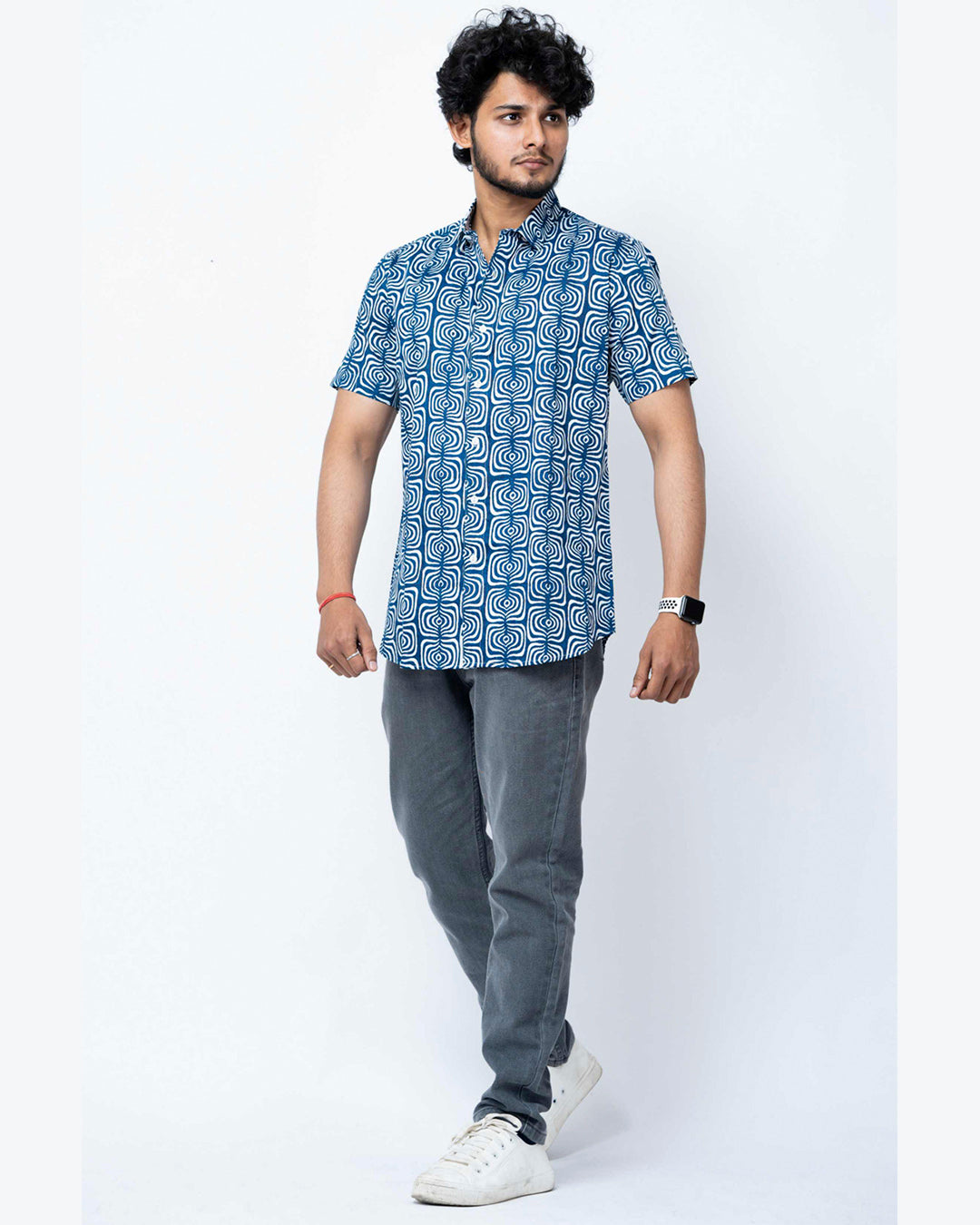 Indigo Print Smart  Casual Cotton  Shirt