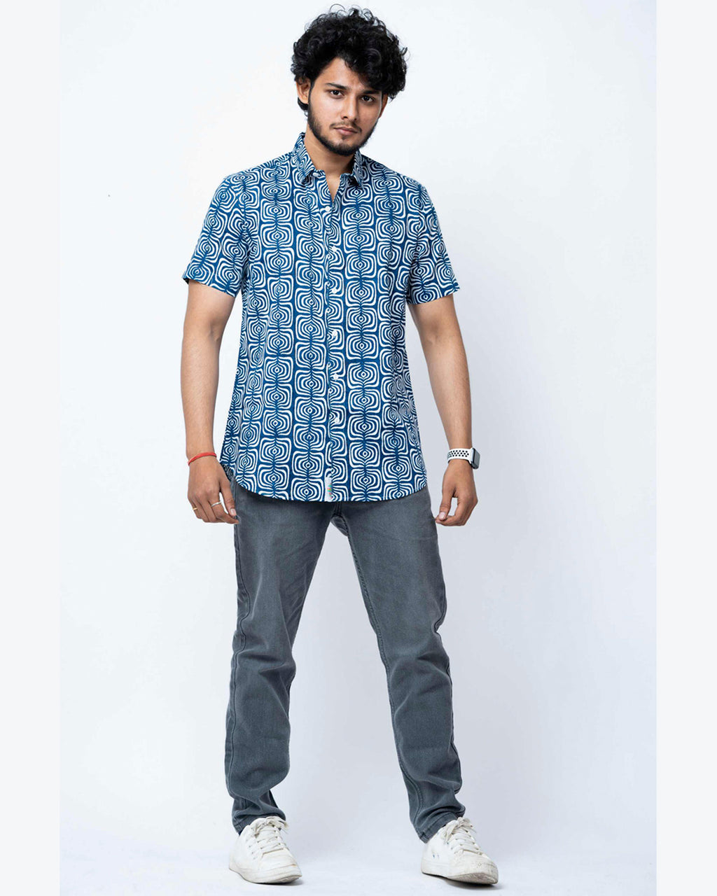 Indigo Print Smart  Casual Cotton  Shirt