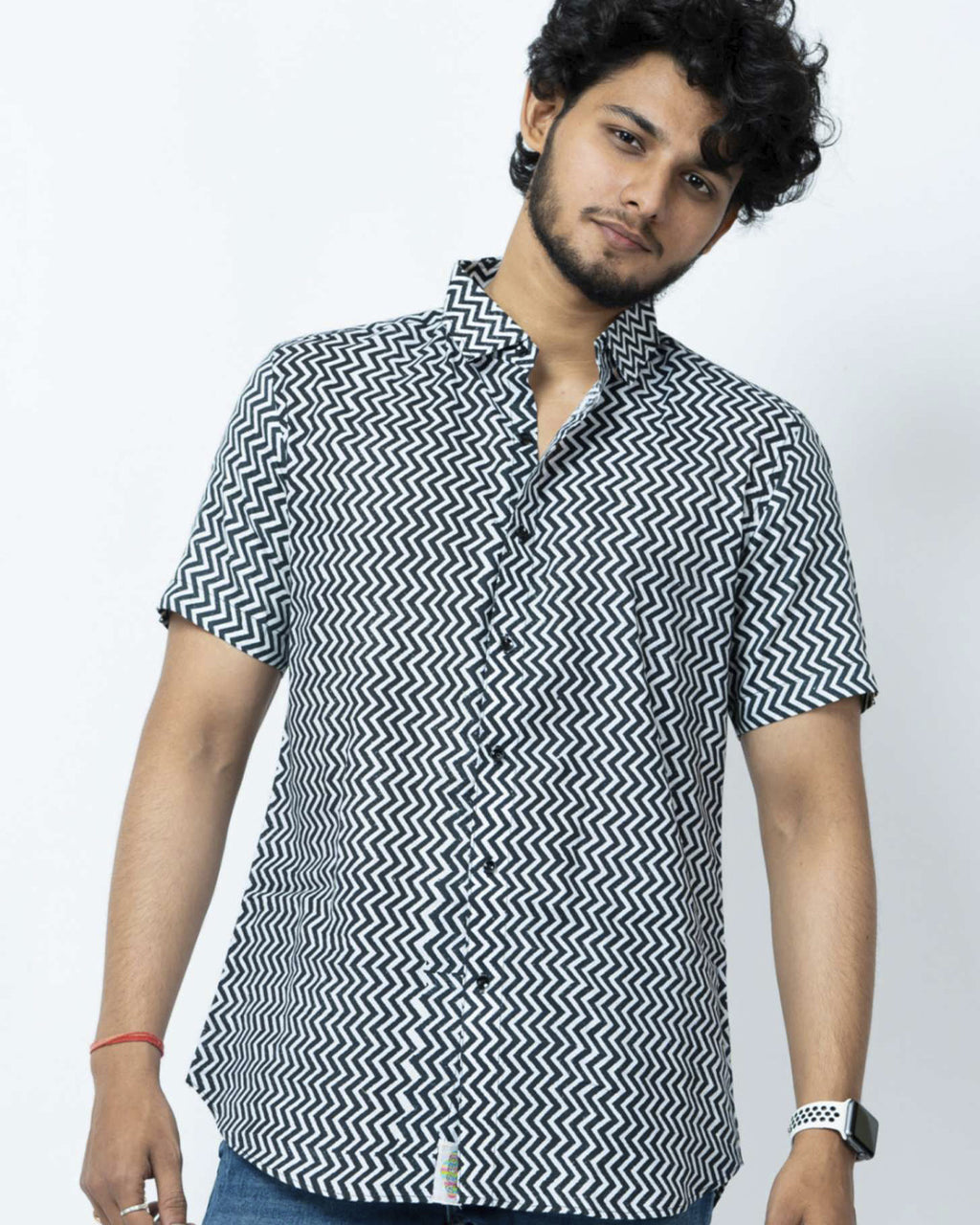 Black And White Zig Zag  Print Summer Regular Fit Shirt.