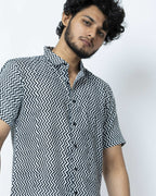 Black And White Zig Zag  Print Summer Regular Fit Shirt.