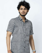 Black & White Houndstooth Print Mens Half Shirt.