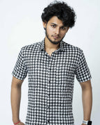 Black & White Houndstooth Print Mens Half Shirt.