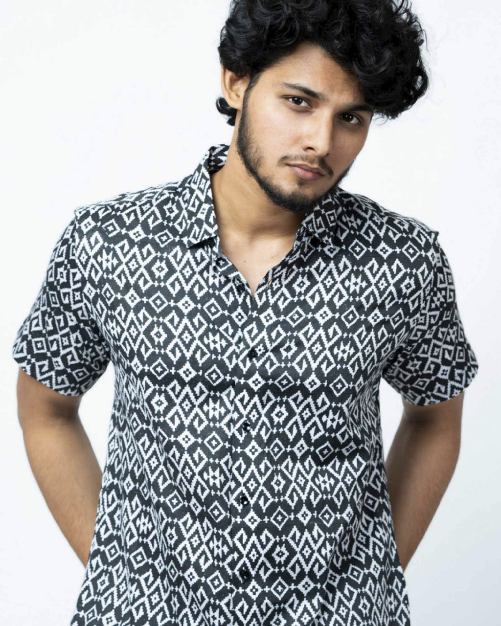 Black Ikat Print Regular Fit  Cotton Shirt