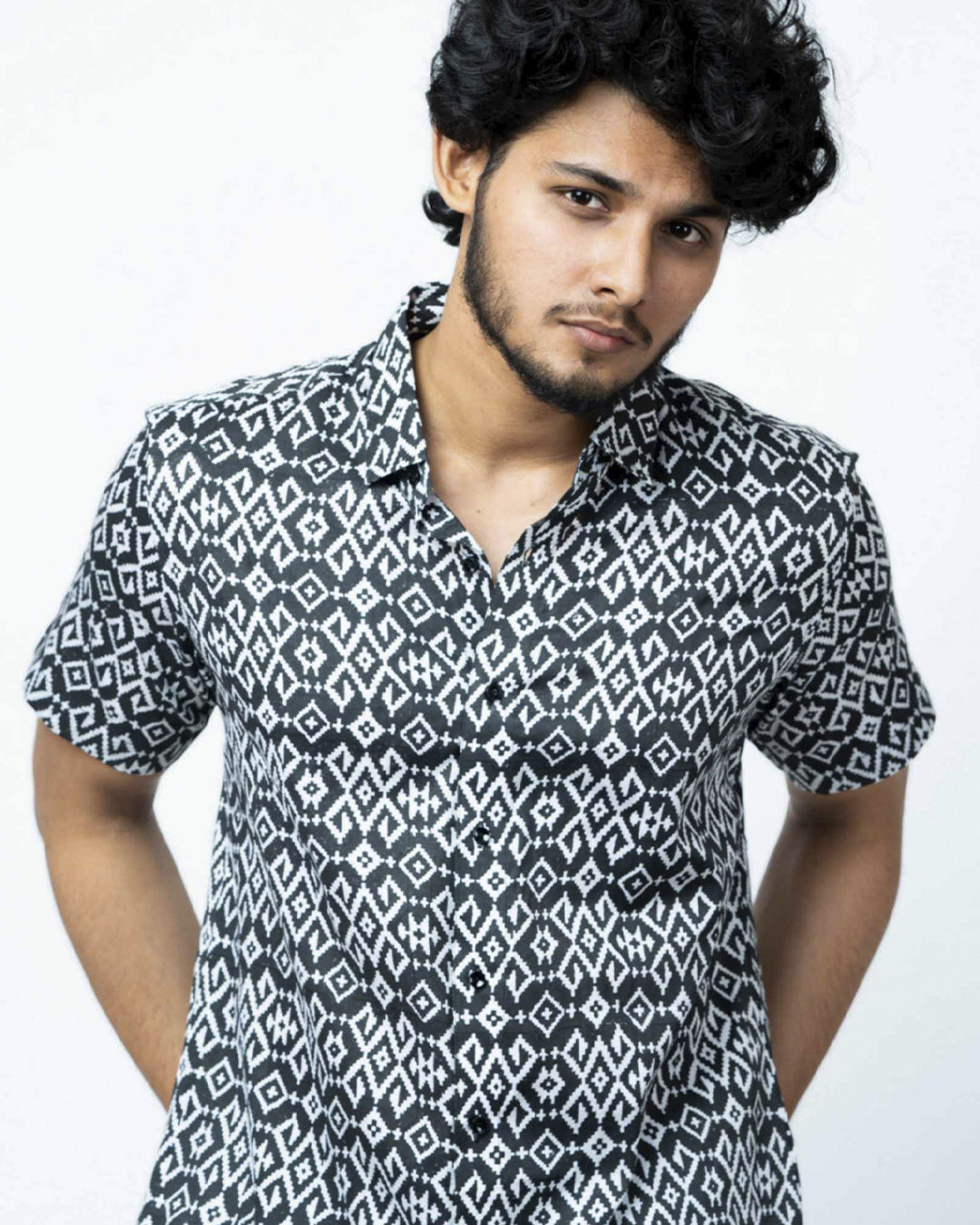 Black Ikat Print Regular Fit  Cotton Shirt