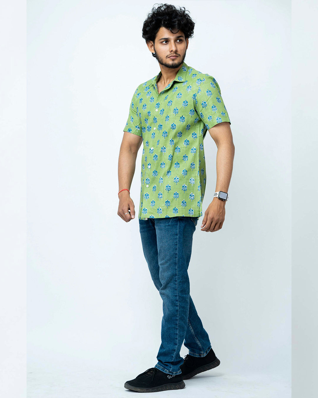 Green Floral Block Printed Shirt