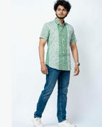 Green Hand Block Print Smart Fit Mens  Shirt