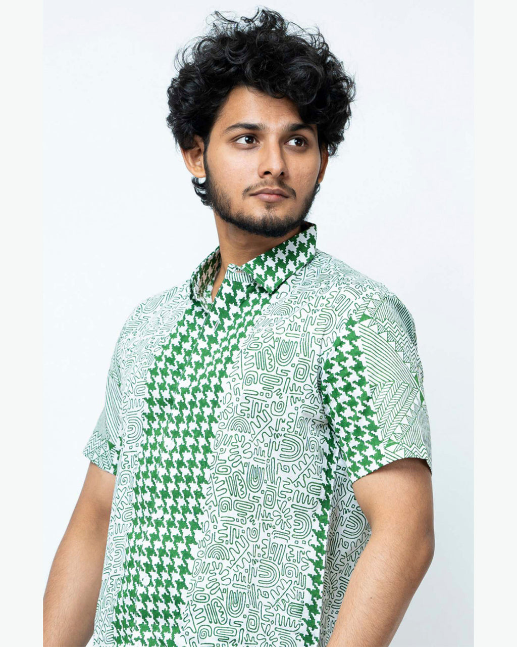 Green Hand Block Print Smart Fit Mens  Shirt
