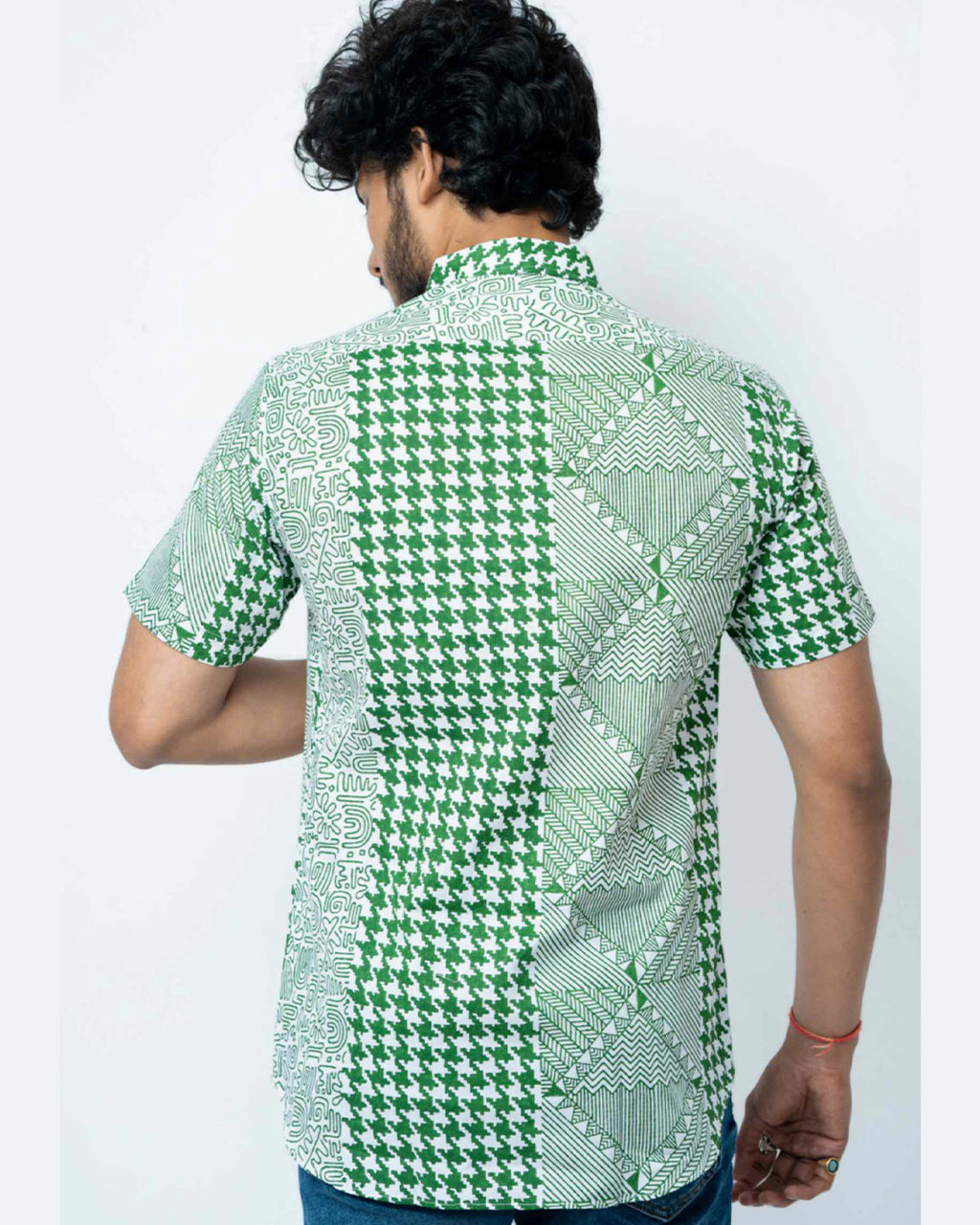 Green Hand Block Print Smart Fit Mens  Shirt