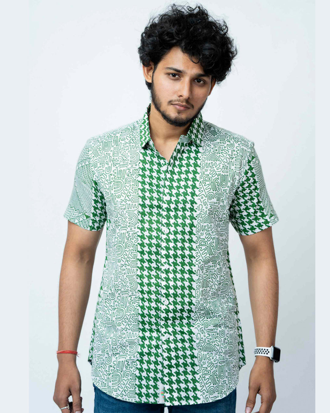 Green Hand Block Print Smart Fit Mens  Shirt