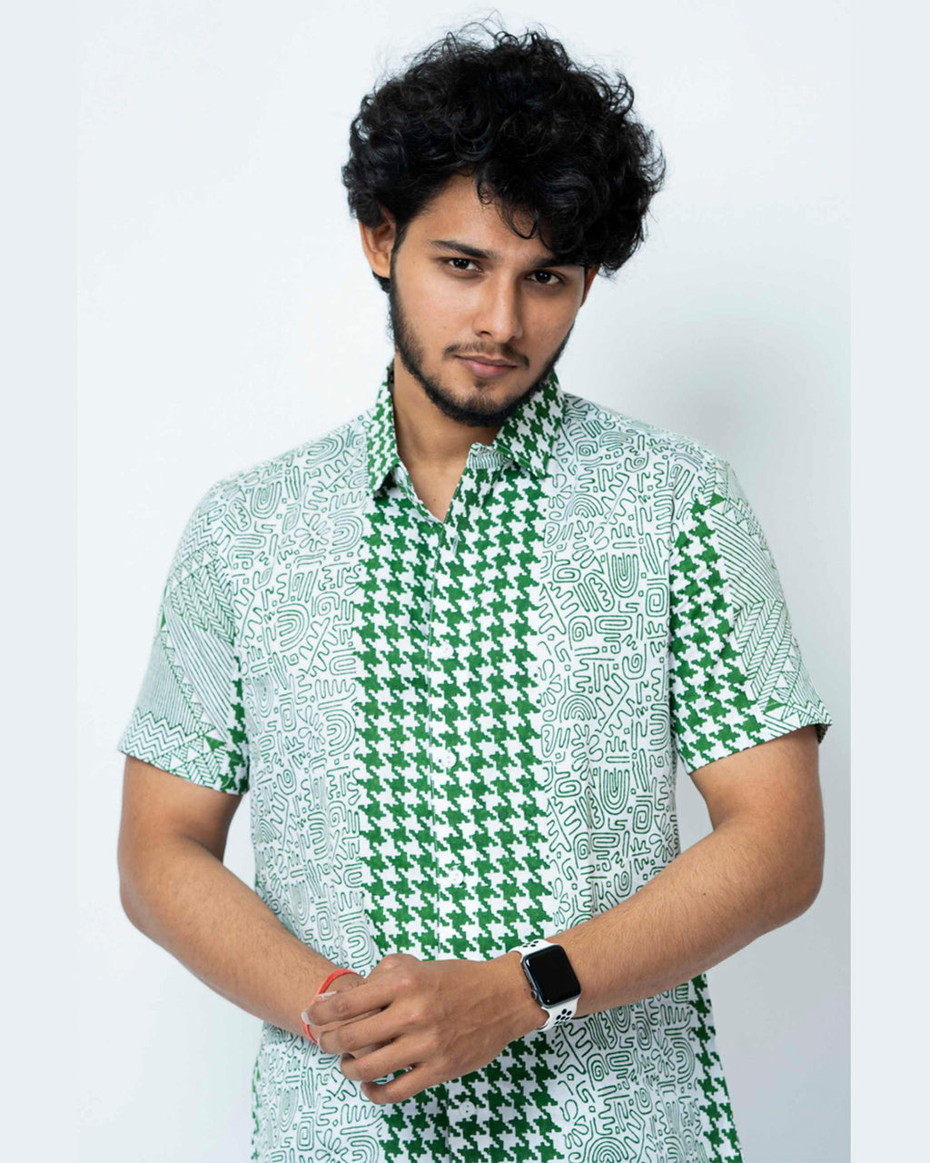 Green Hand Block Print Smart Fit Mens  Shirt
