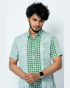 Green Hand Block Print Smart Fit Mens  Shirt