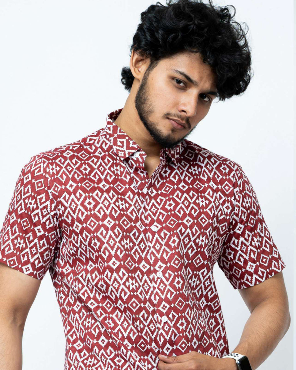 Maroon Ikat Print Regular Fit Cotton Shirt