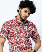 Maroon Ikat Print Regular Fit Cotton Shirt