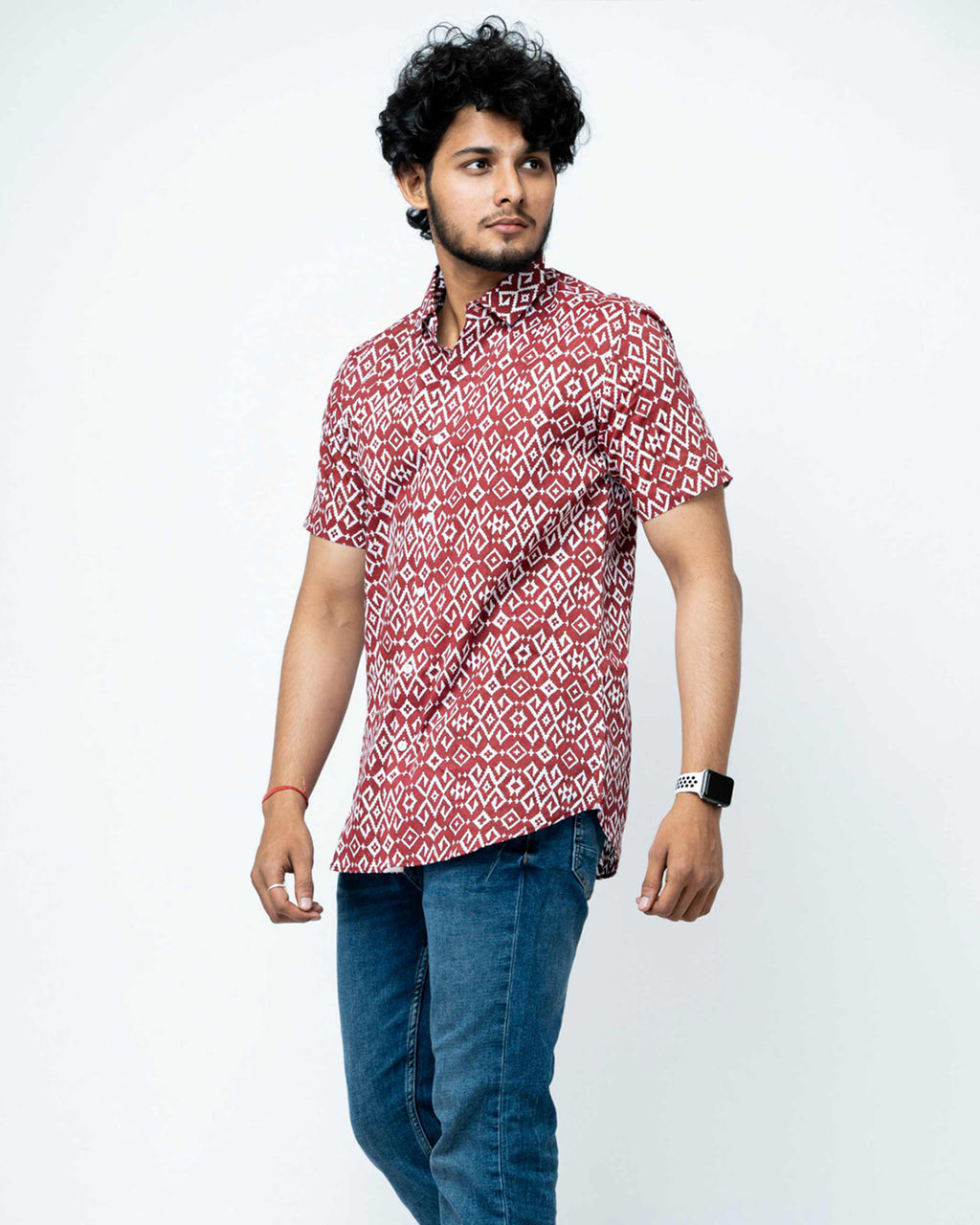 Maroon Ikat Print Regular Fit Cotton Shirt