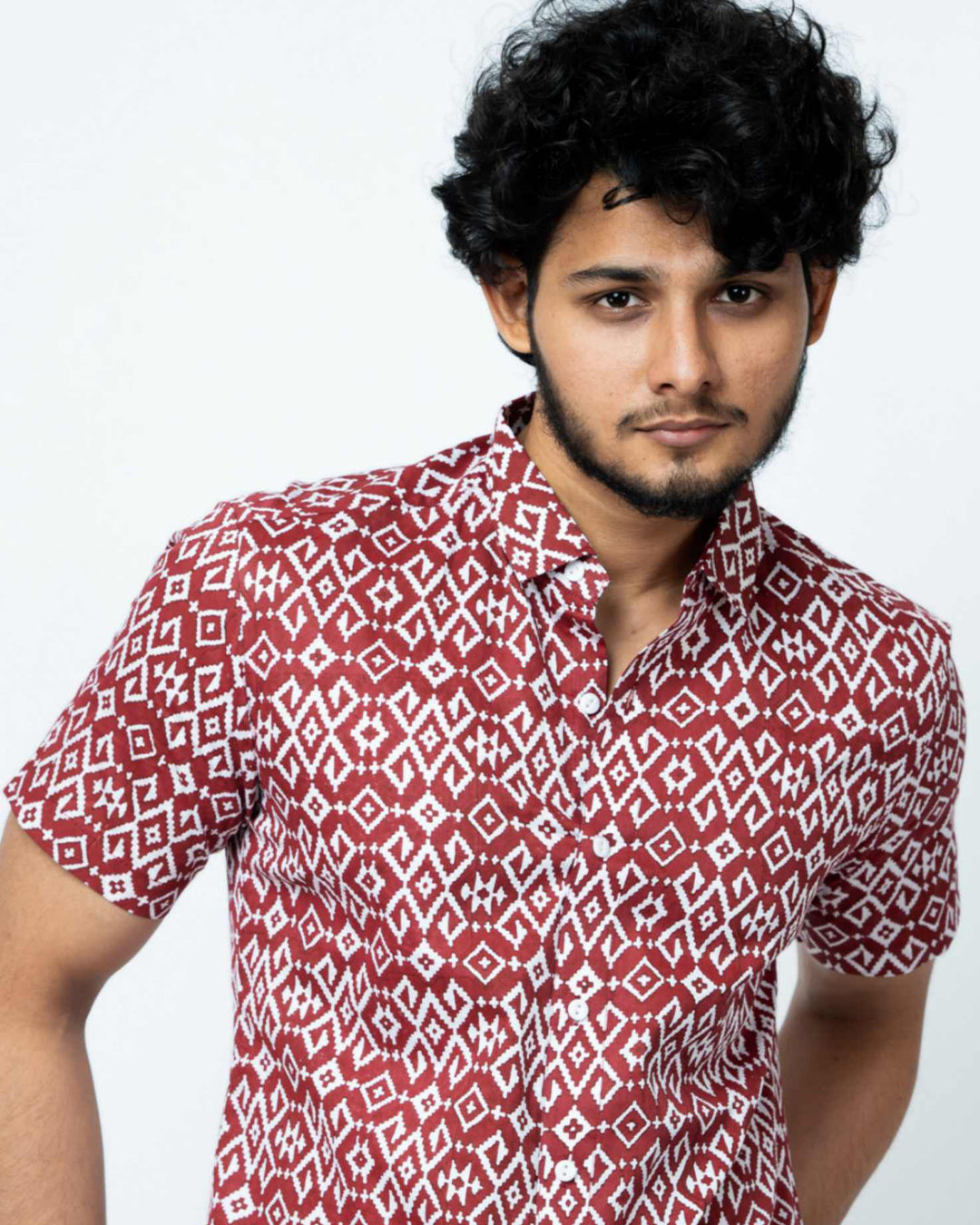 Maroon Ikat Print Regular Fit Cotton Shirt