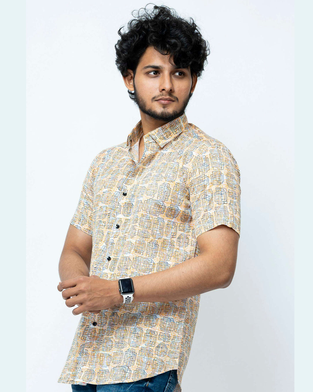 Cream Colour Block  Print Casual Mens Shirt