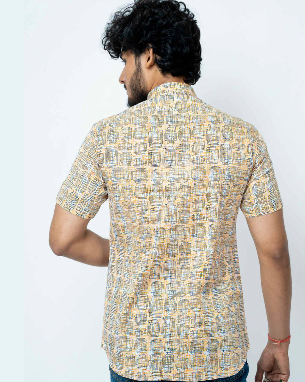 Cream Colour Block  Print Casual Mens Shirt