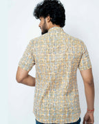 Cream Colour Block  Print Casual Mens Shirt