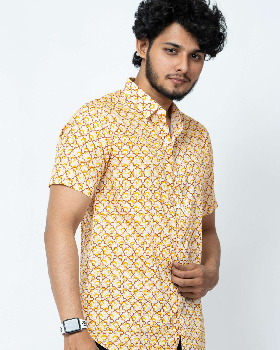 Yellow Mughal Print Mens Half Shirt