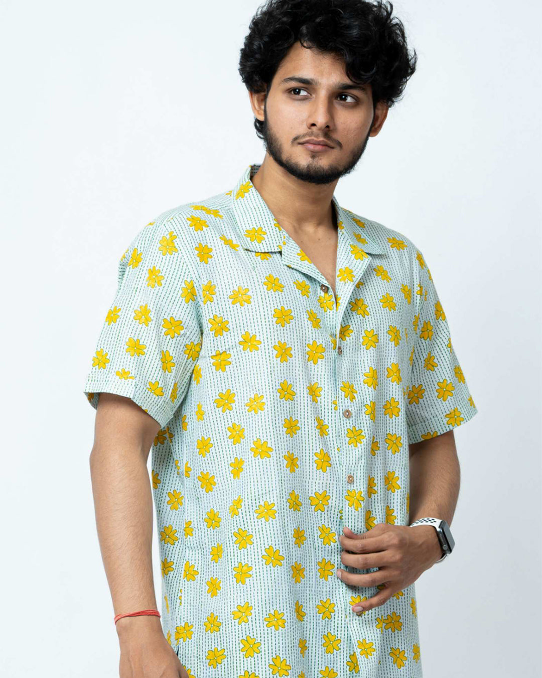 Yellow Floral Print Mens Half Shirt