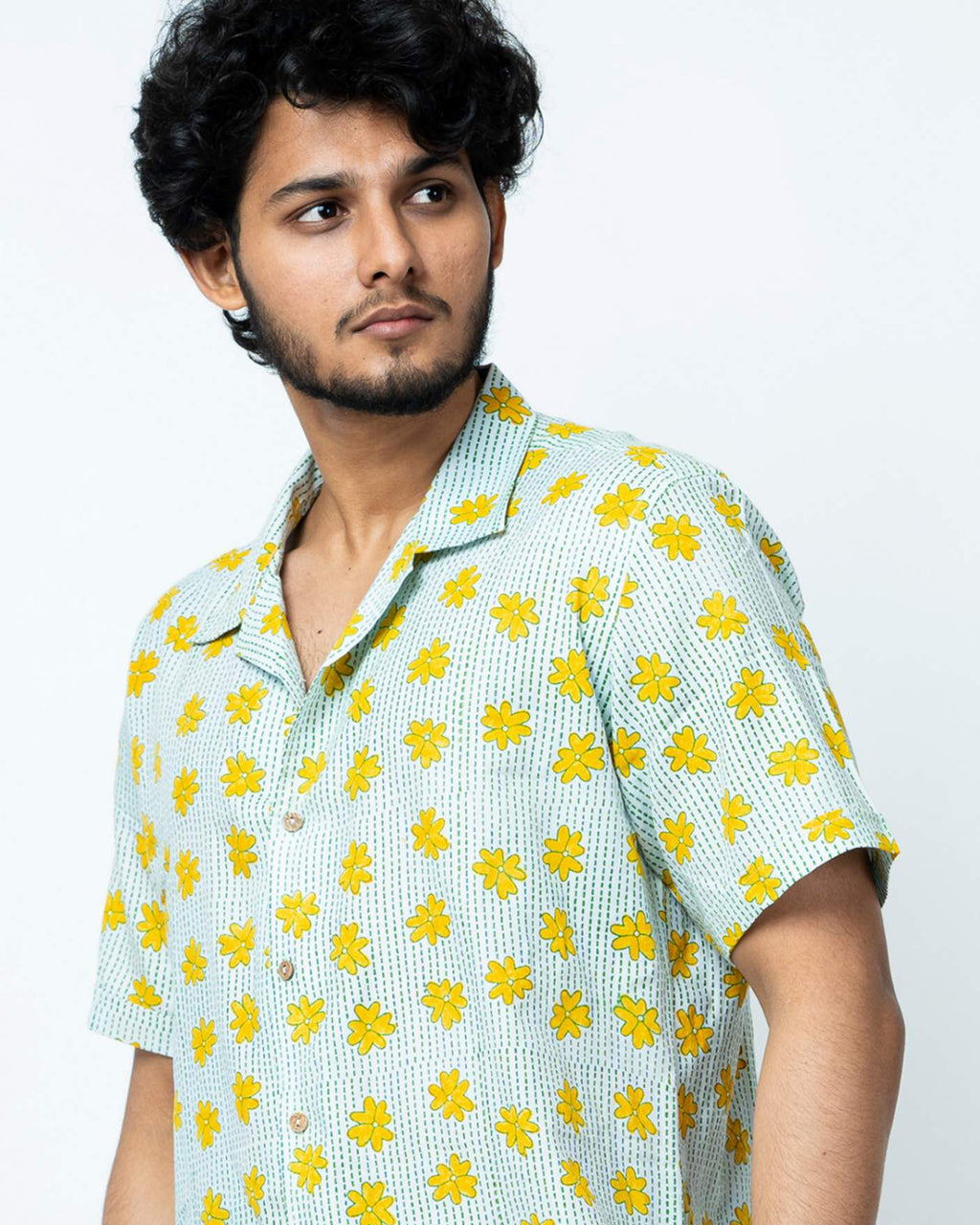 Yellow Floral Print Mens Half Shirt
