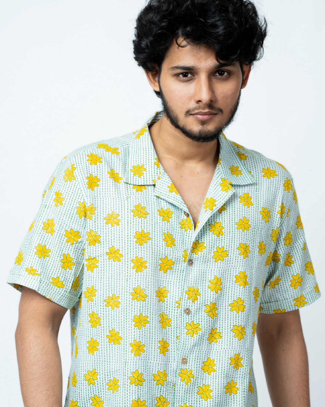 Yellow Floral Print Mens Half Shirt