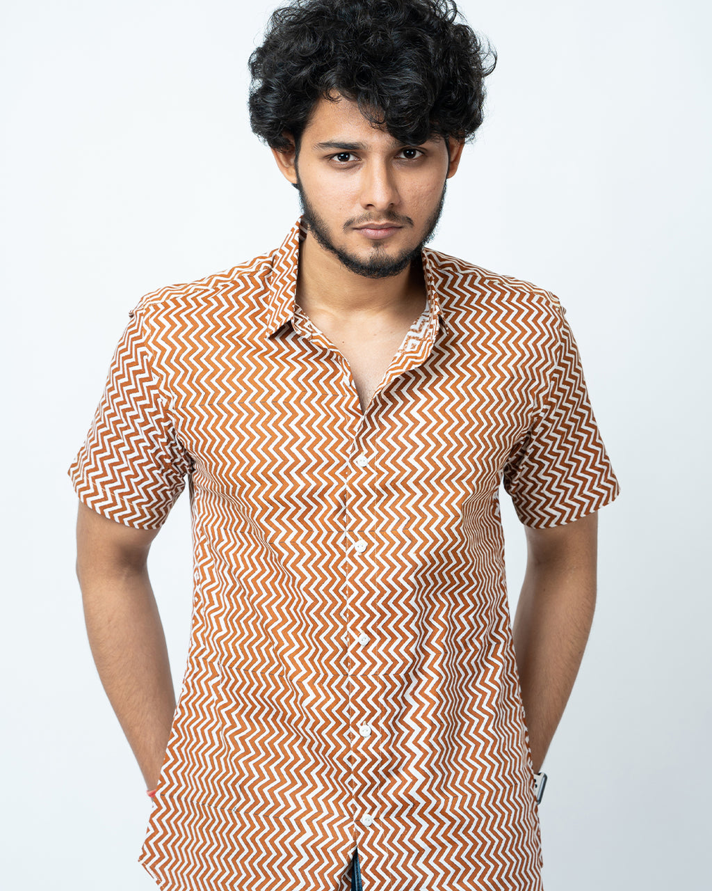 Rust Color Zigzag Print Mens Casual Shirt