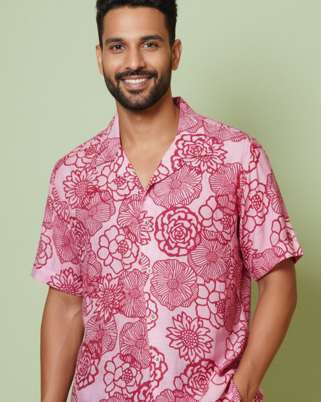 Pink Floral Print Half Sleeve Shirt