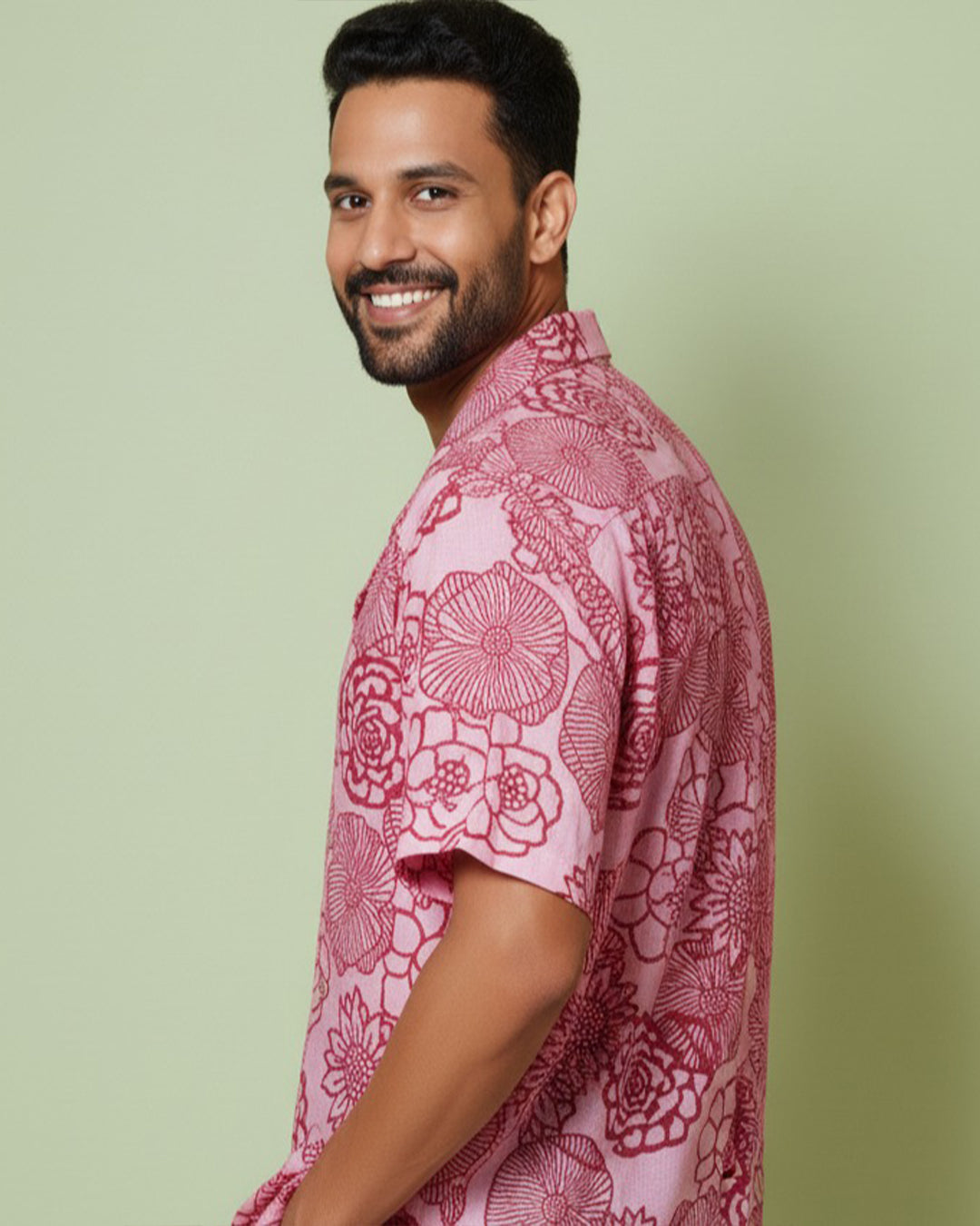 Pink Floral Print Half Sleeve Shirt