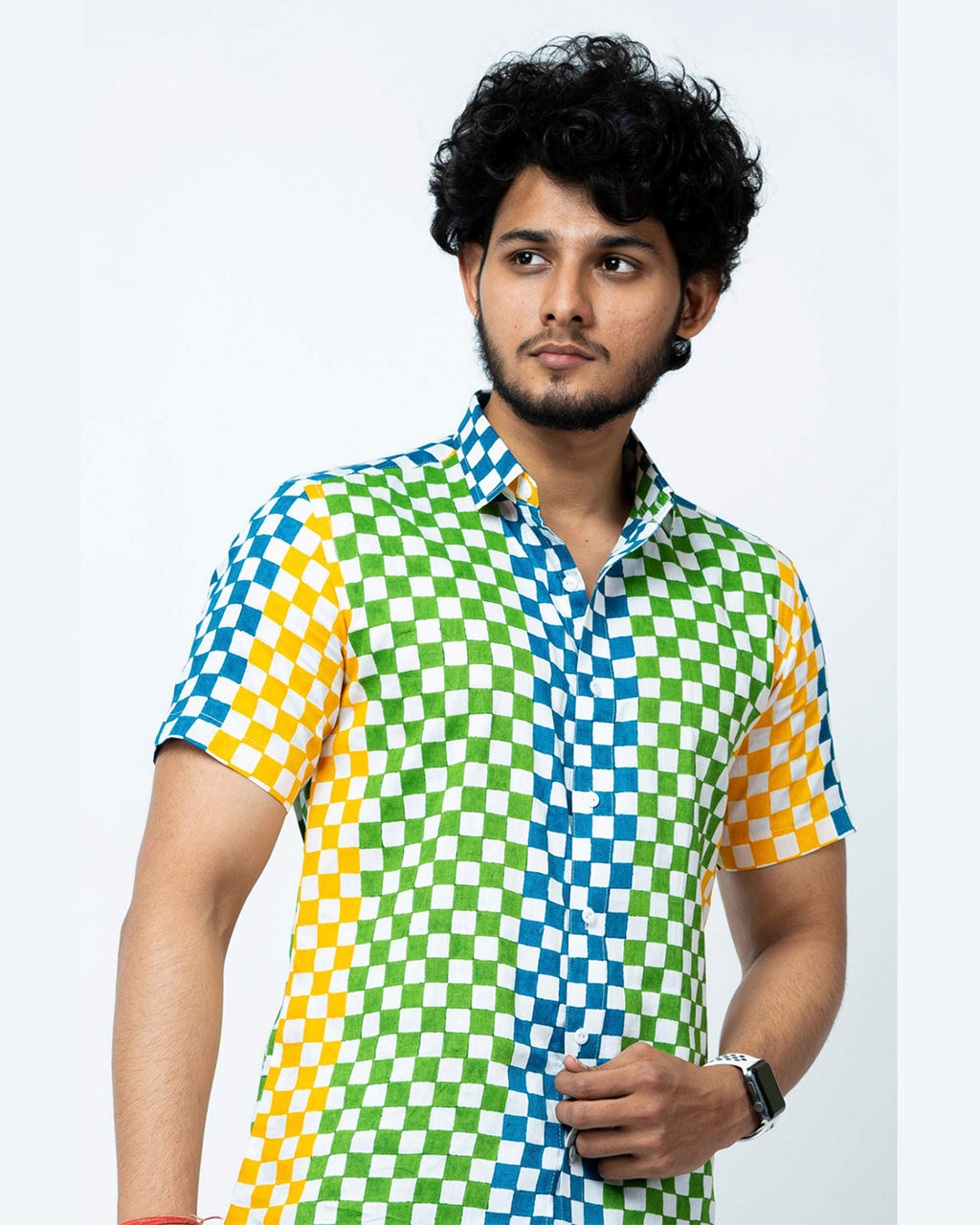 Multi Colour Block Print Mens Checks Shirt