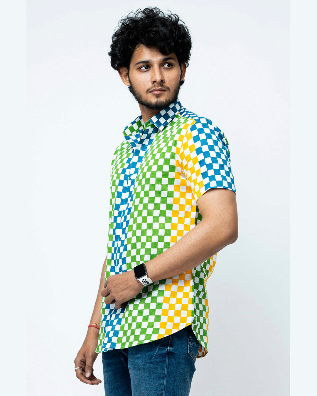 Multi Colour Block Print Mens Checks Shirt