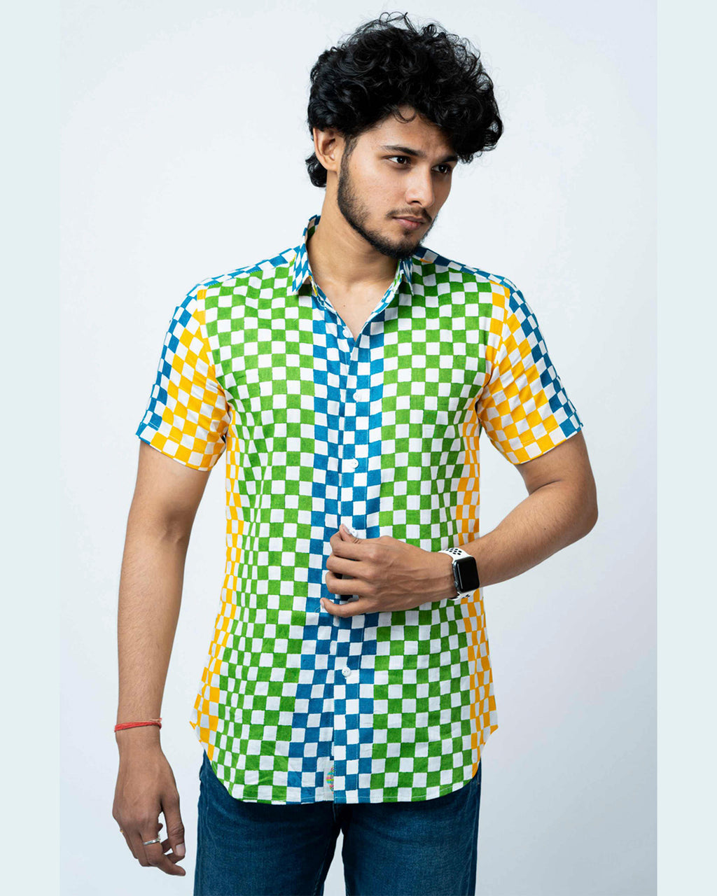 Multi Colour Block Print Mens Checks Shirt