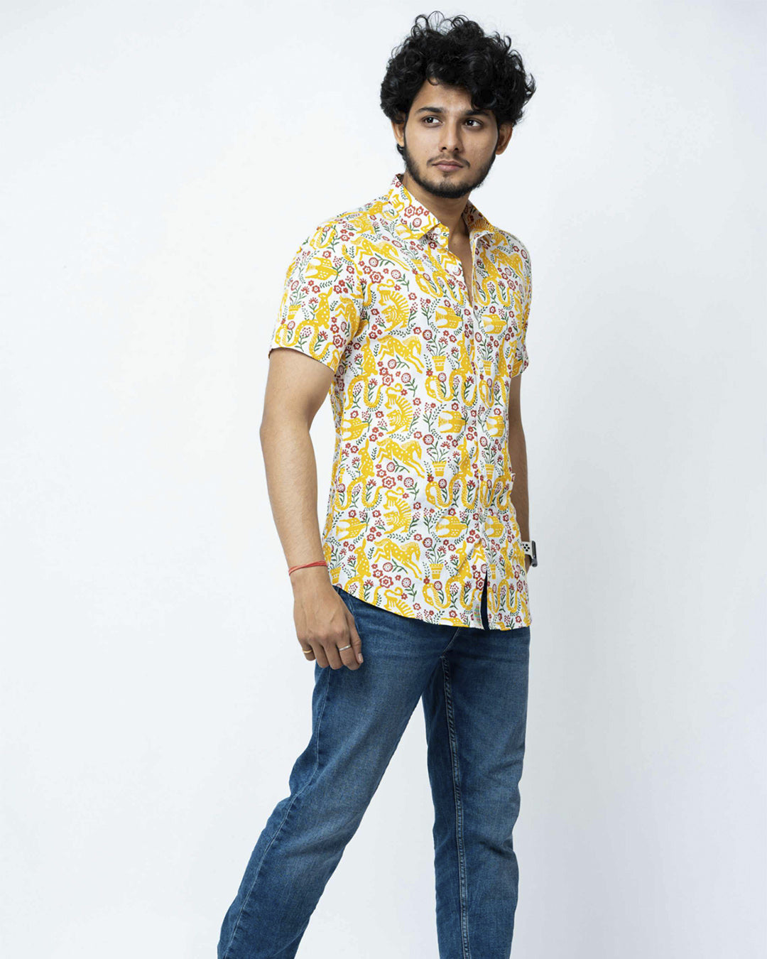Animal Theme Block Print Casual Mens Shirt