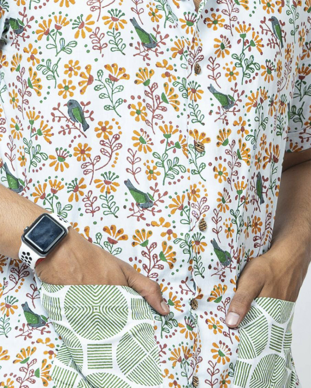 Bird Block Print Box Fit Casual Shirt