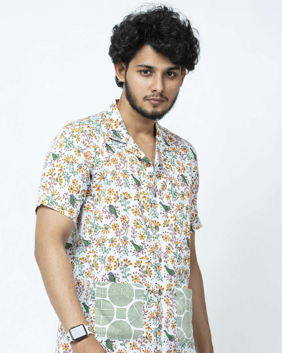 Bird Block Print Box Fit Casual Shirt