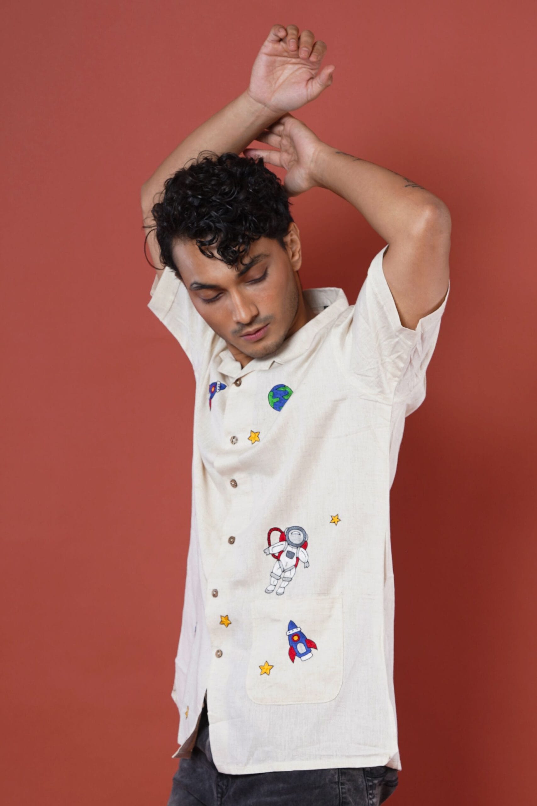 Space Cowboy Hand Embroidered Mens Half Shirt