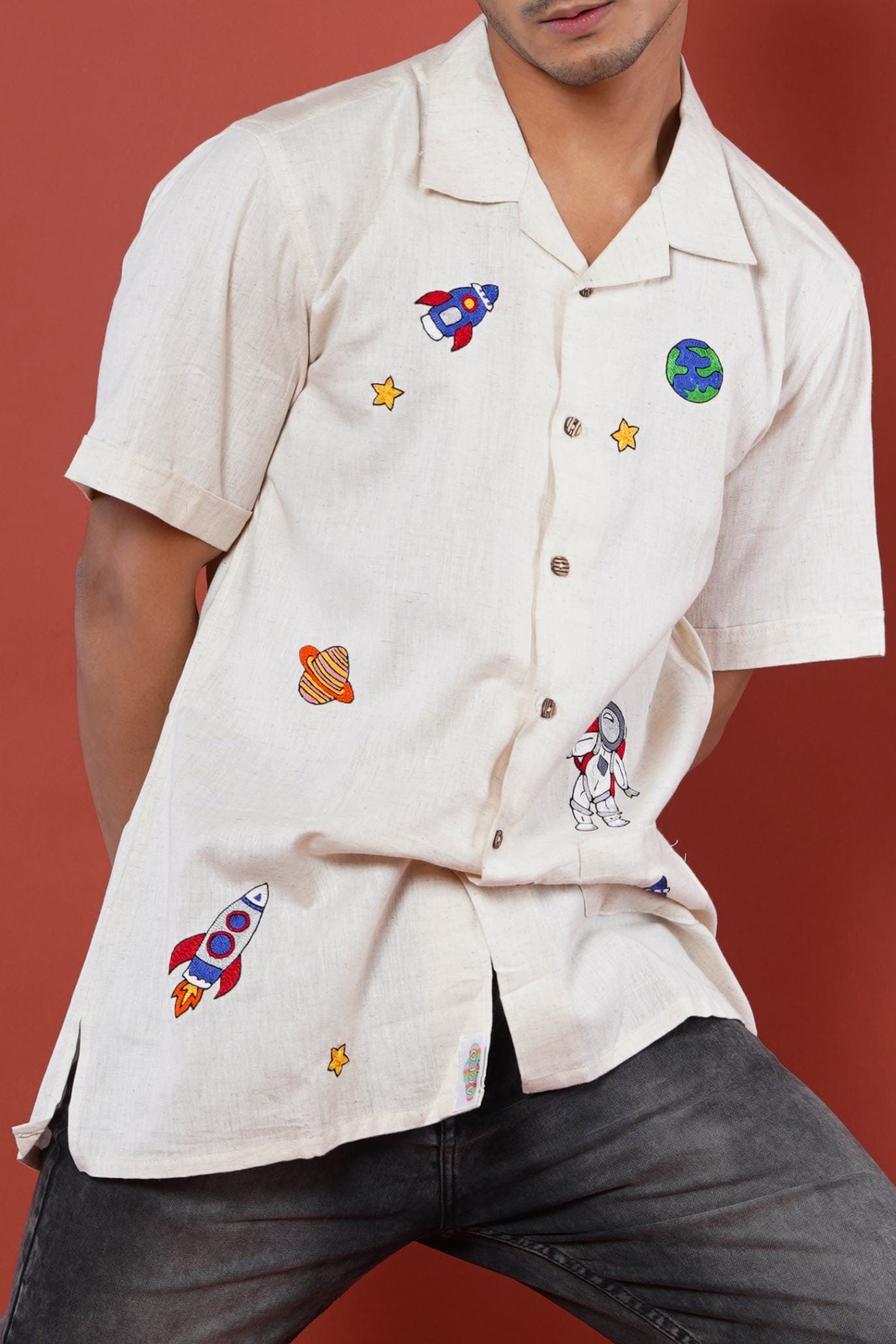 Space Cowboy Hand Embroidered Mens Half Shirt