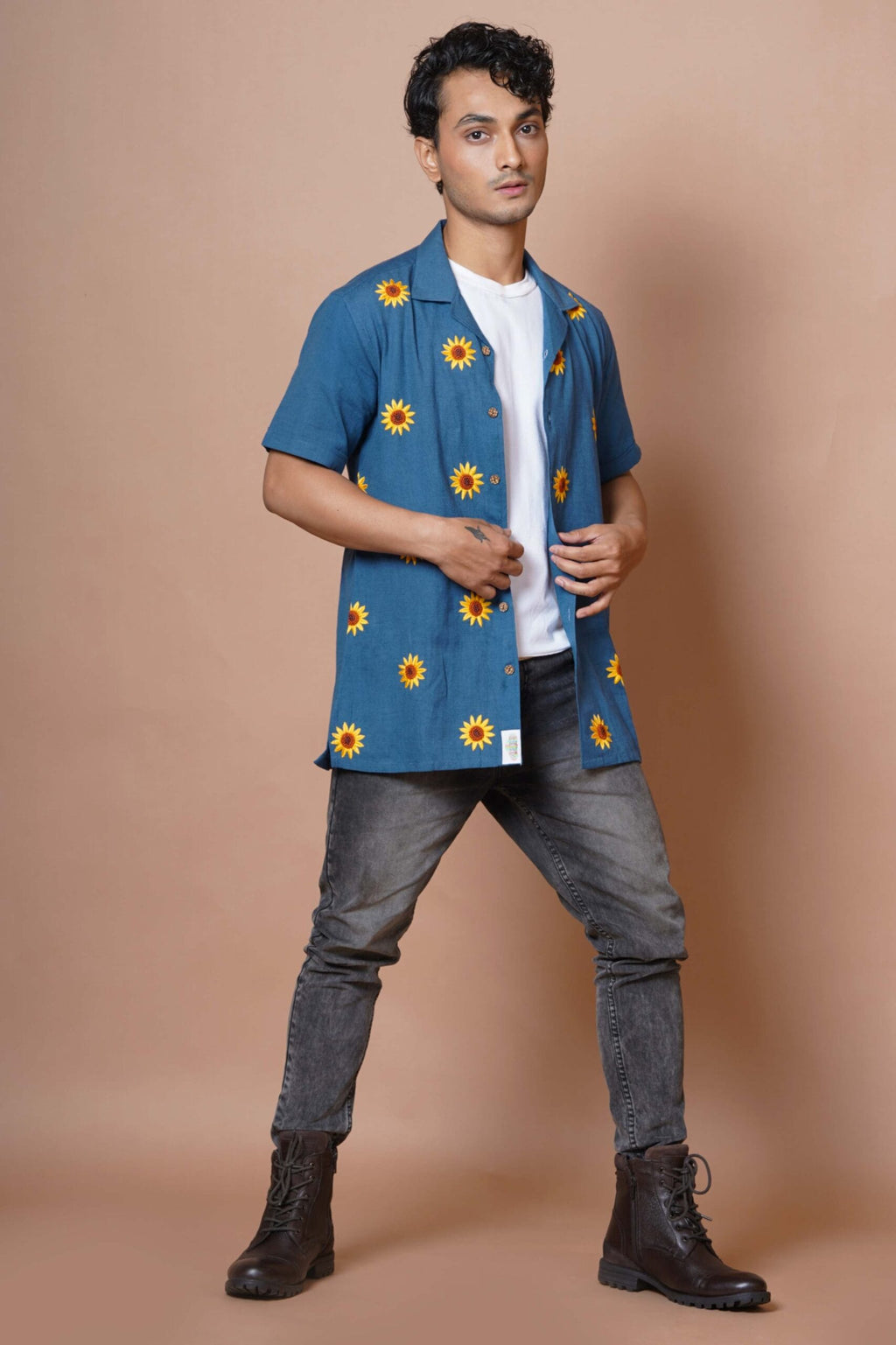 Sunflower Hand Embroidered Half Sleeves Mens Shirt