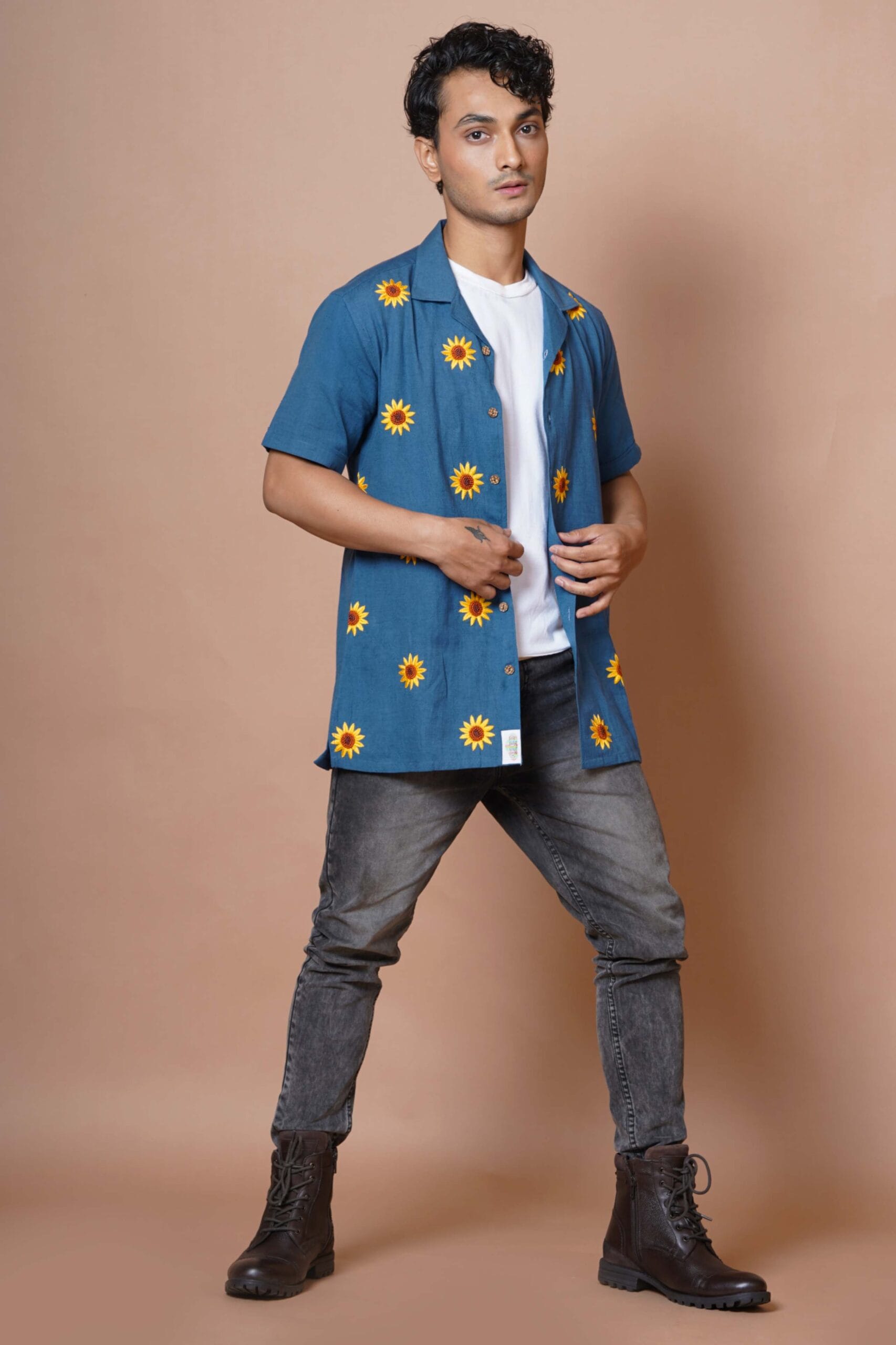 Sunflower Hand Embroidered Half Sleeves Mens Shirt