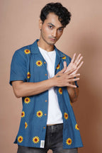 Sunflower Hand Embroidered Half Sleeves Mens Shirt