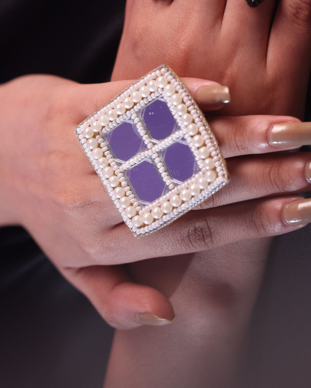 White beaded Mirror Work Square ring