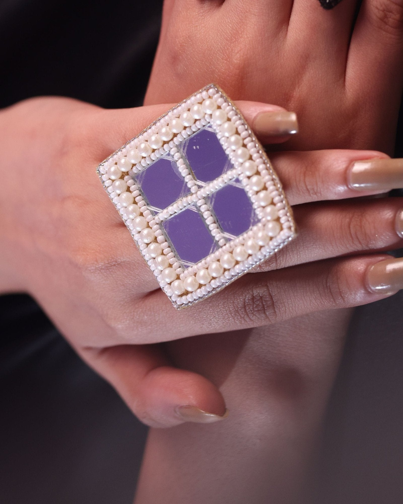 White beaded Mirror Work Square ring