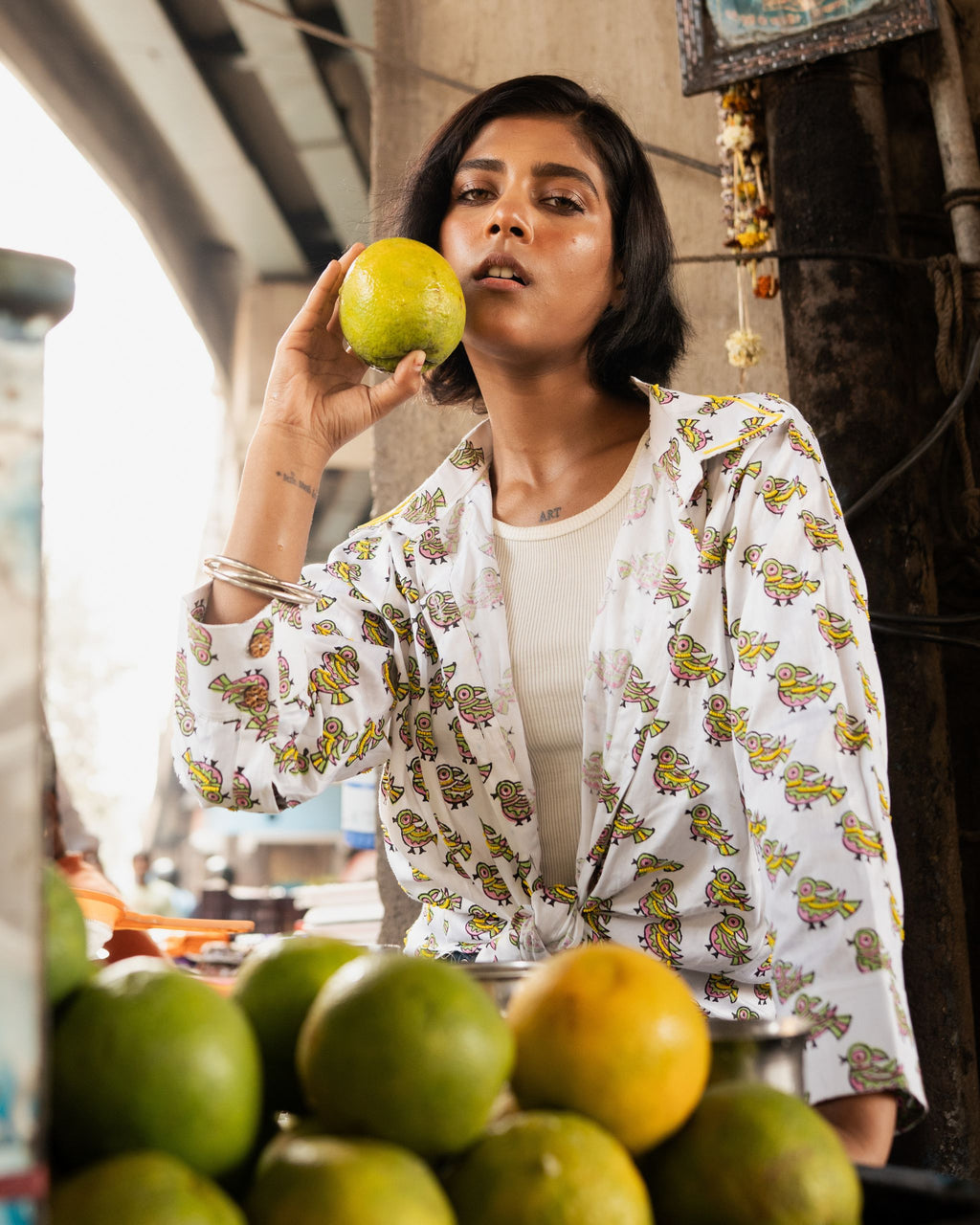Yellow And Green Womens Cotton Shirt - Little Birds Design
