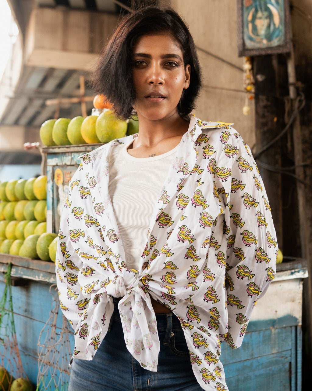 Yellow And Green Womens Cotton Shirt - Little Birds Design